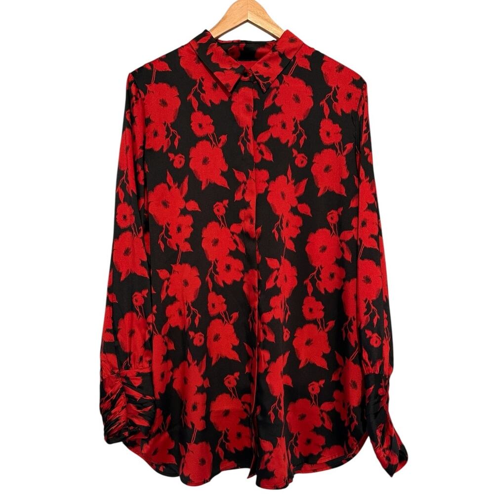 Chico's Size L Button Down Shirt Floral Feminine Florence Mirage Red Black